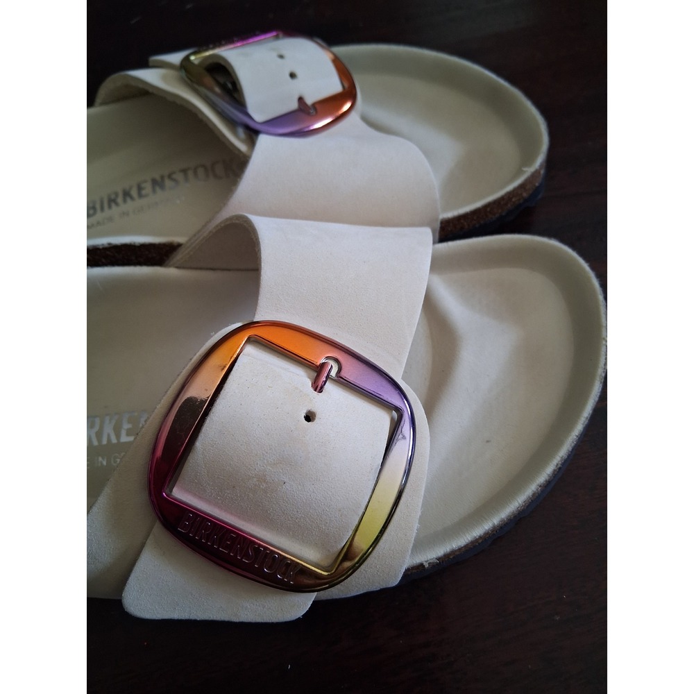 Birkenstock Madrid Big Buckle Sandals 42 Cream Leather Iridescent Rainbow buckle - Picture 2 of 8